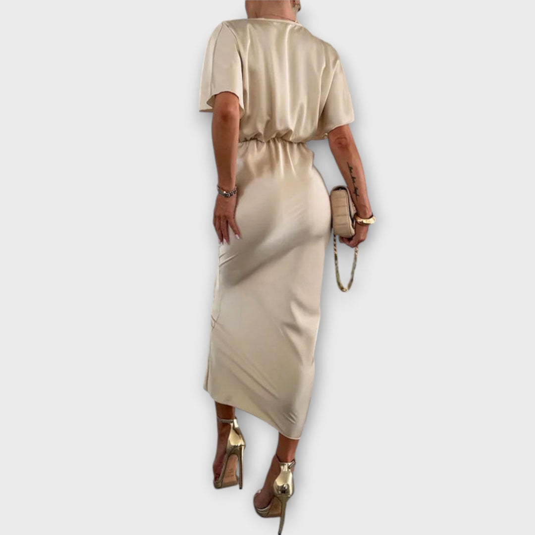 Sukienka maxi z dekoltem V i krzyżowym węzłem z mocnego satenu