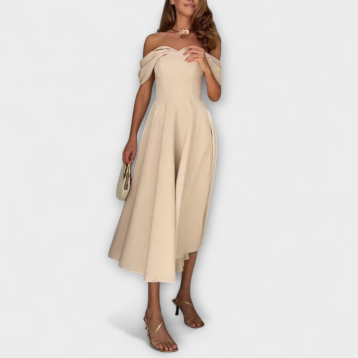 Romy - Elegancka maxi sukienka off-the-shoulder z drapowaniem