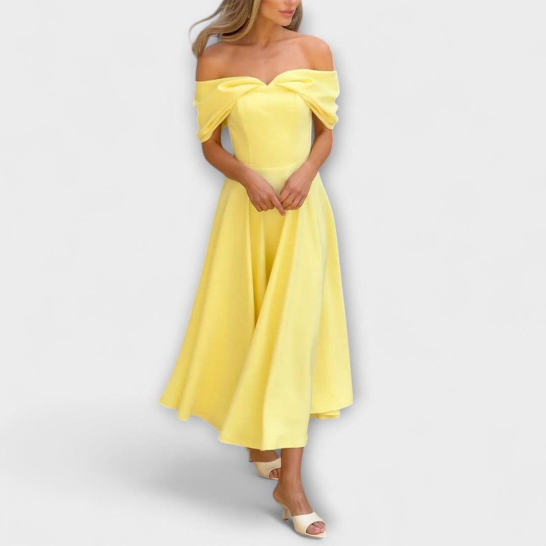Romy - Elegancka maxi sukienka off-the-shoulder z drapowaniem