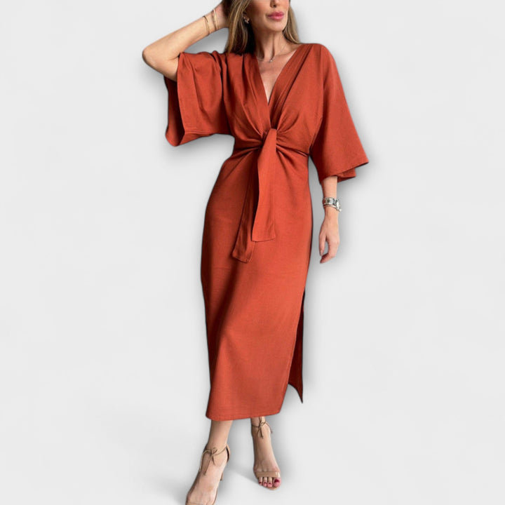 Holly - Luźna sukienka z dekoltem w kształcie V, wykonana z bawełny i lnu z sznurowaniem