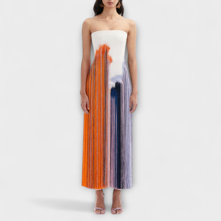 Lato - Stylowa sukienka z kolorowym blokowaniem i modnymi frędzlami