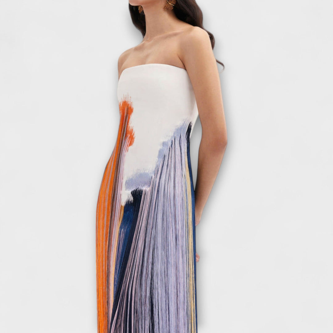 Lato - Stylowa sukienka z kolorowym blokowaniem i modnymi frędzlami