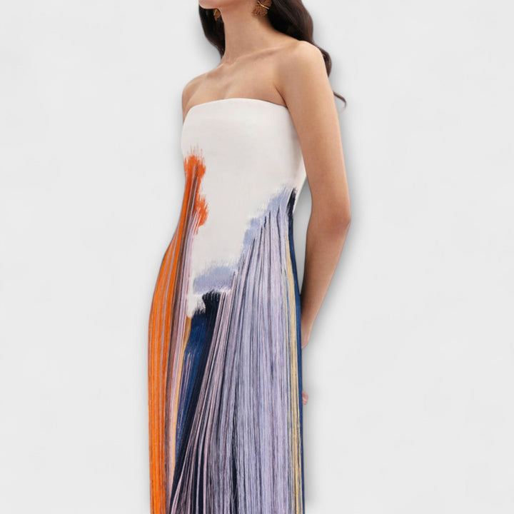 Lato - Stylowa sukienka z kolorowym blokowaniem i modnymi frędzlami