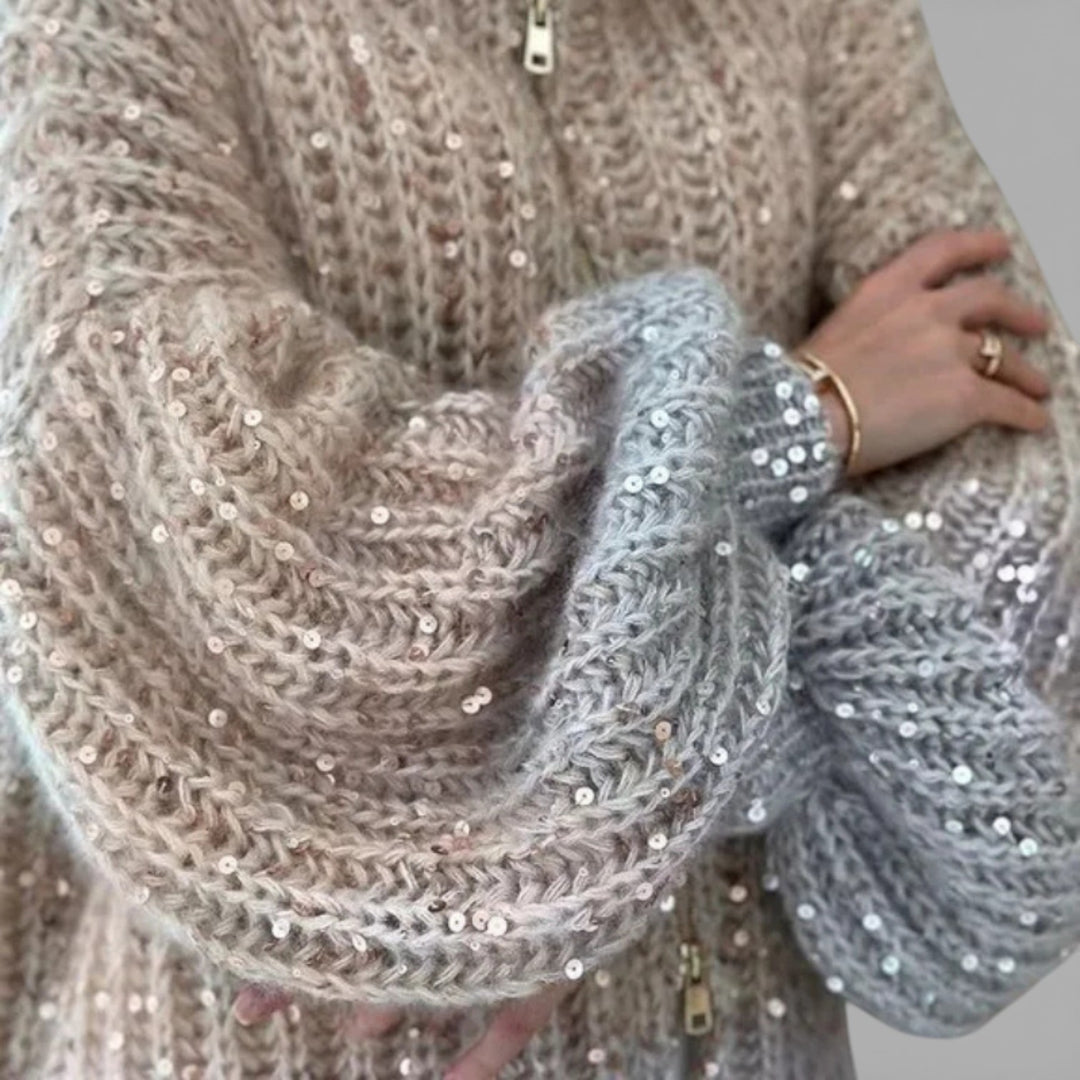 Rozalia – Sweter z półgolfem i brokatową fakturą