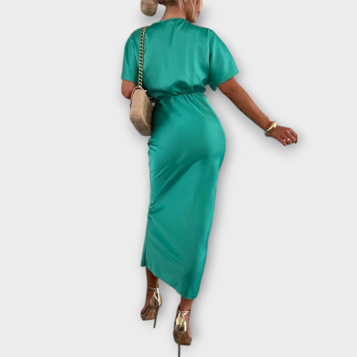 Sukienka maxi z dekoltem V i krzyżowym węzłem z mocnego satenu