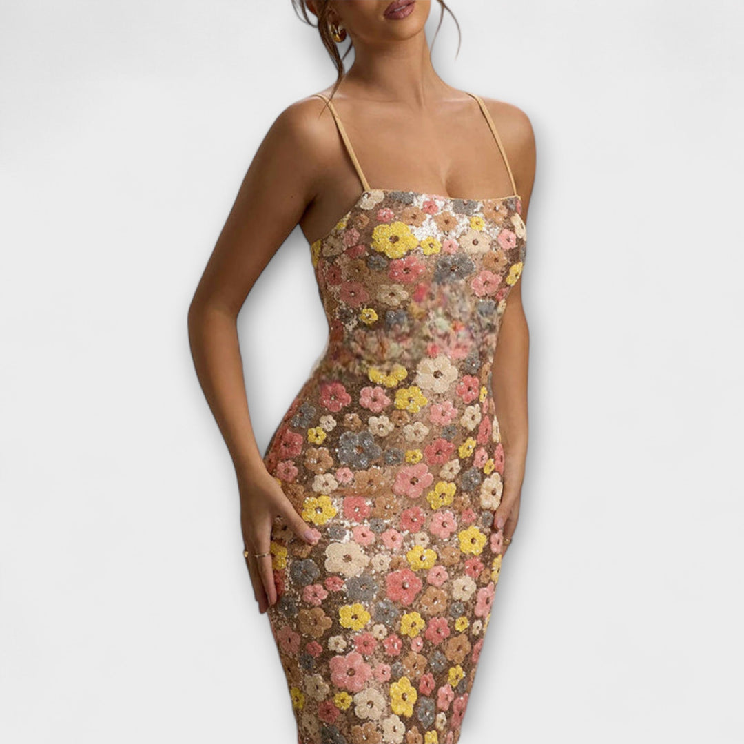 Oakley - Maxi Sukienka z Kwiatami i Cekiny w Stylu Lat 80.