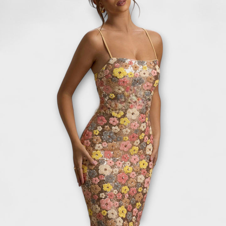 Oakley - Maxi Sukienka z Kwiatami i Cekiny w Stylu Lat 80.