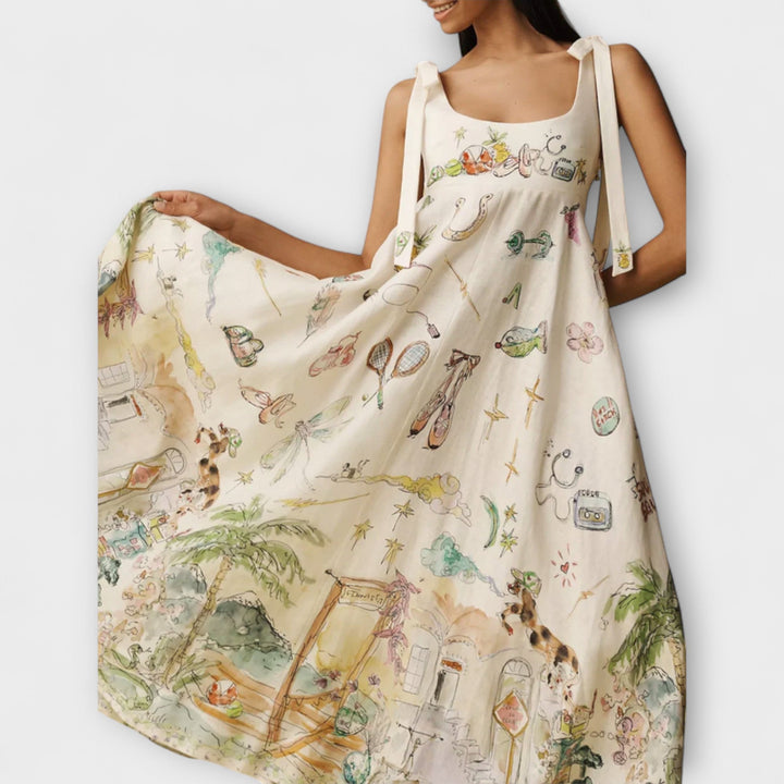 Juliette - Malowane midi sukienki z lnu z baletowym paskiem