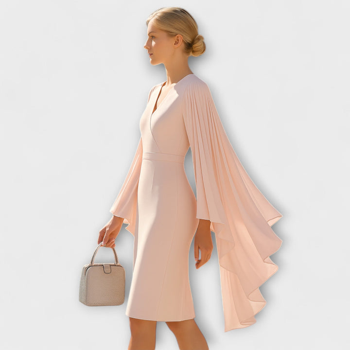 Rachel - Różowe midi sukienki z dekoltem w kształcie V i rękawami z szyfonu