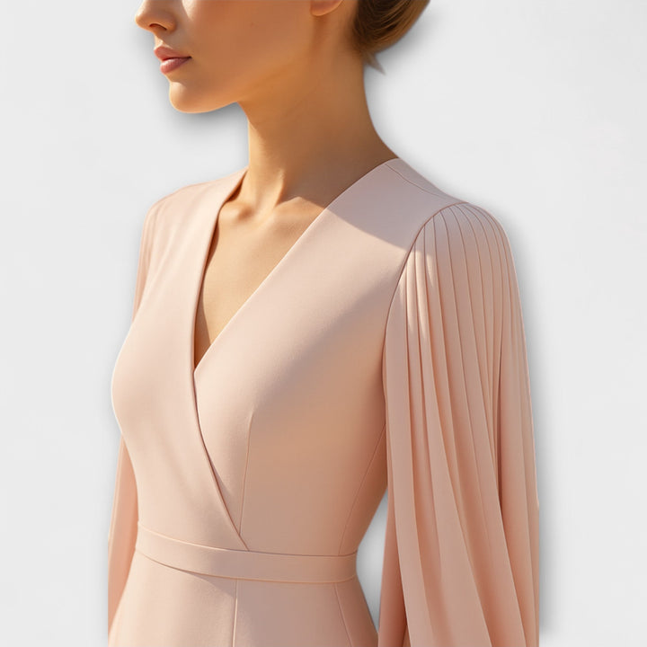 Rachel - Różowe midi sukienki z dekoltem w kształcie V i rękawami z szyfonu