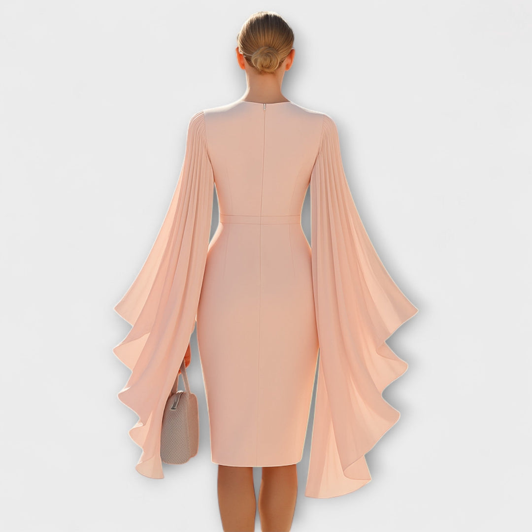 Rachel - Różowe midi sukienki z dekoltem w kształcie V i rękawami z szyfonu