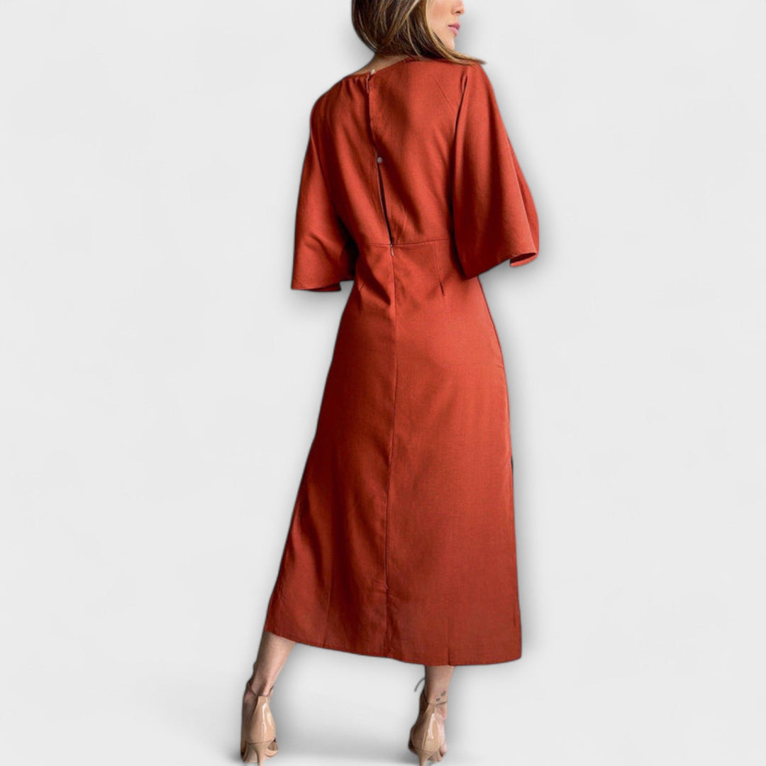 Holly - Luźna sukienka z dekoltem w kształcie V, wykonana z bawełny i lnu z sznurowaniem