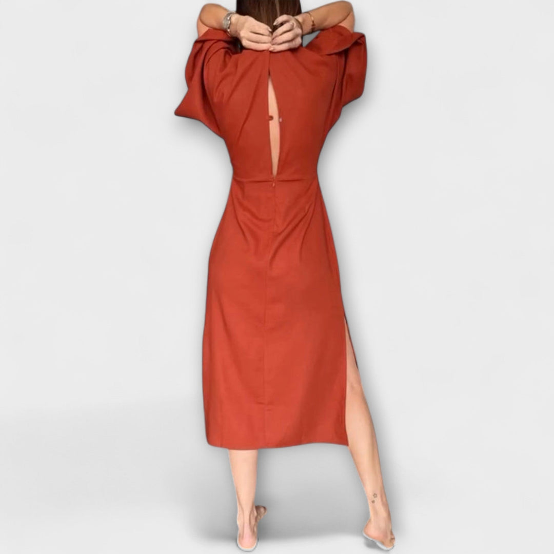 Holly - Luźna sukienka z dekoltem w kształcie V, wykonana z bawełny i lnu z sznurowaniem