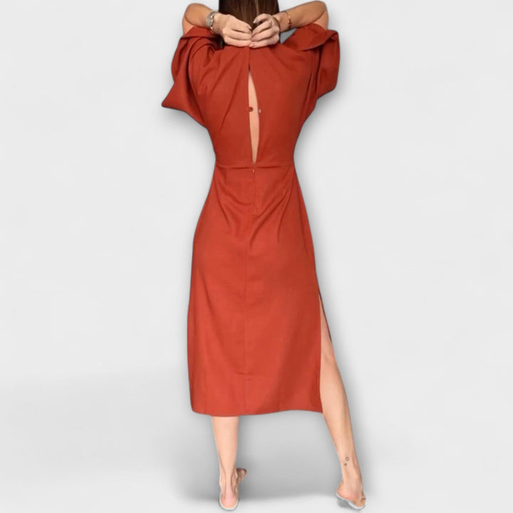 Holly - Luźna sukienka z dekoltem w kształcie V, wykonana z bawełny i lnu z sznurowaniem