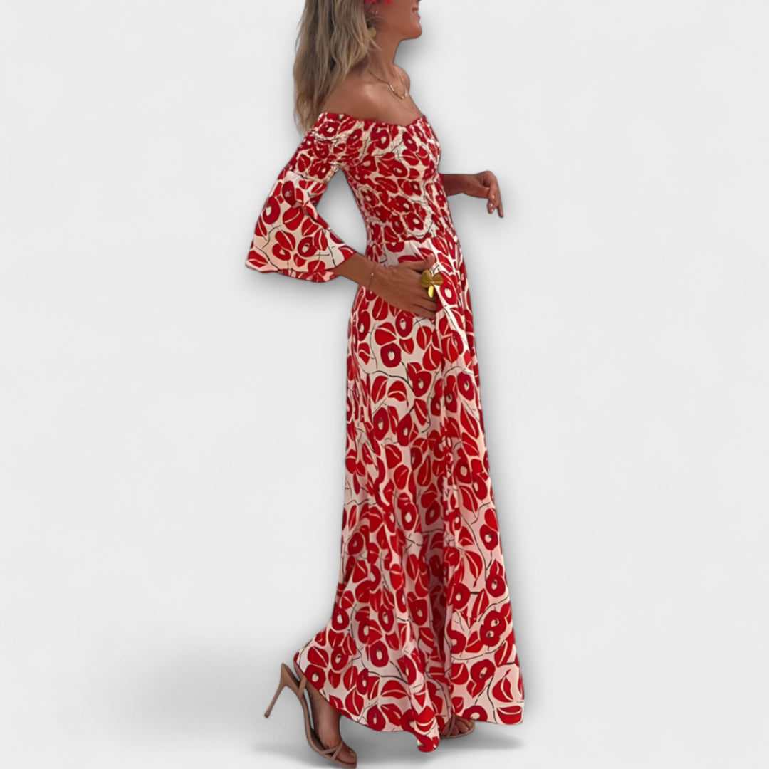 Bella - Sukienka z odkrytymi ramionami i oceanowymi kwiatami