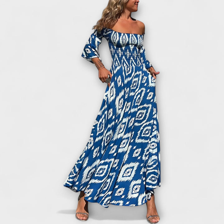 Bella - Sukienka z odkrytymi ramionami i oceanowymi kwiatami