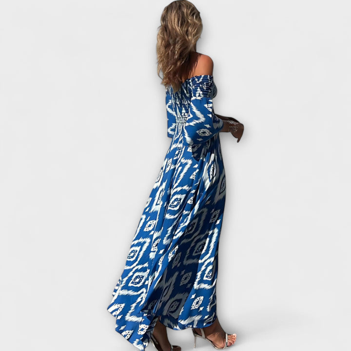 Bella - Sukienka z odkrytymi ramionami i oceanowymi kwiatami