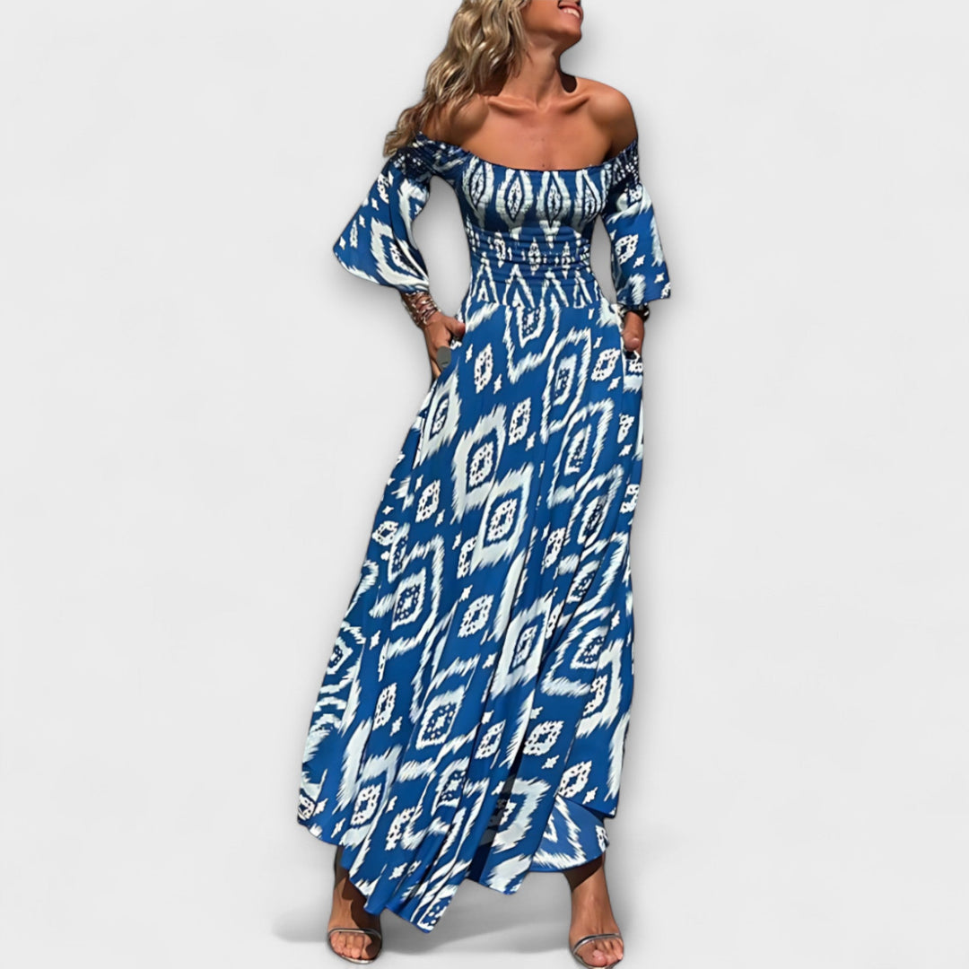 Bella - Sukienka z odkrytymi ramionami i oceanowymi kwiatami