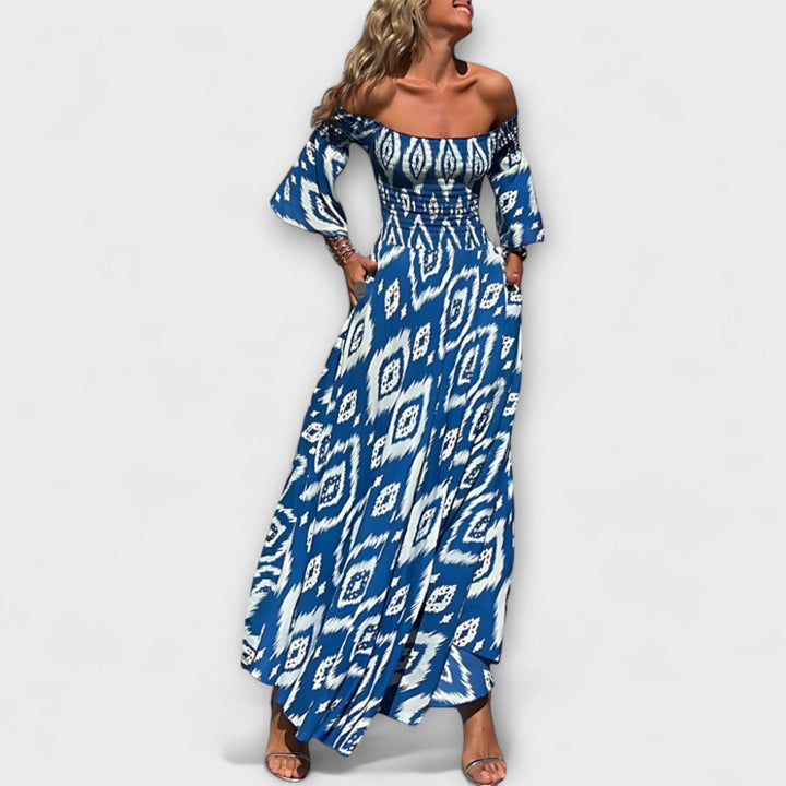 Bella - Sukienka z odkrytymi ramionami i oceanowymi kwiatami