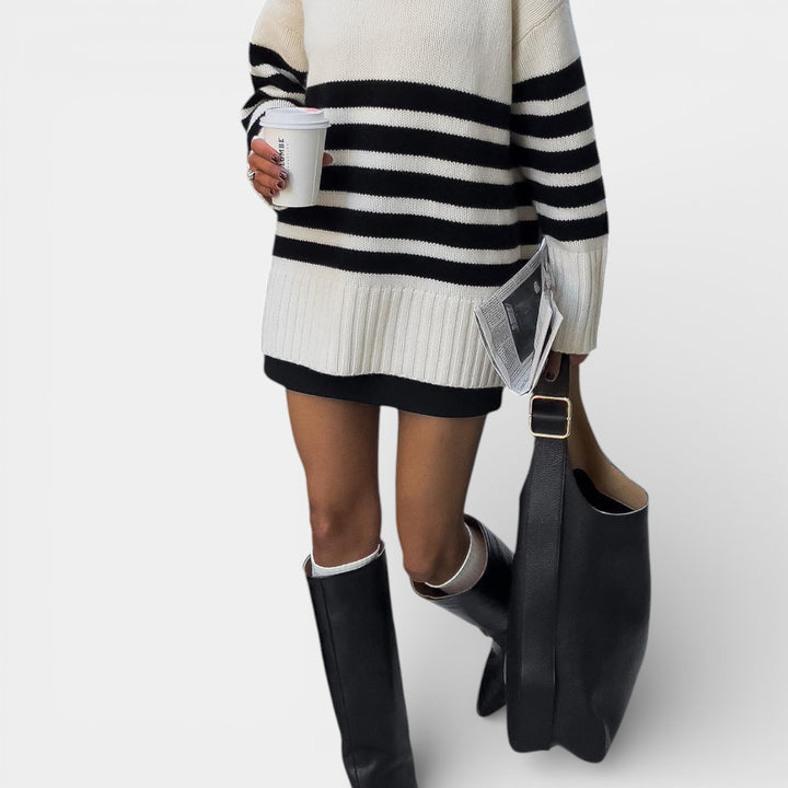 Marcelina – Sweter z paskami i kołnierzem mock