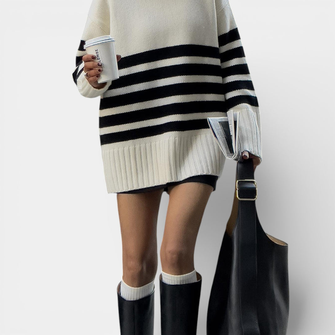 Marcelina – Sweter z paskami i kołnierzem mock