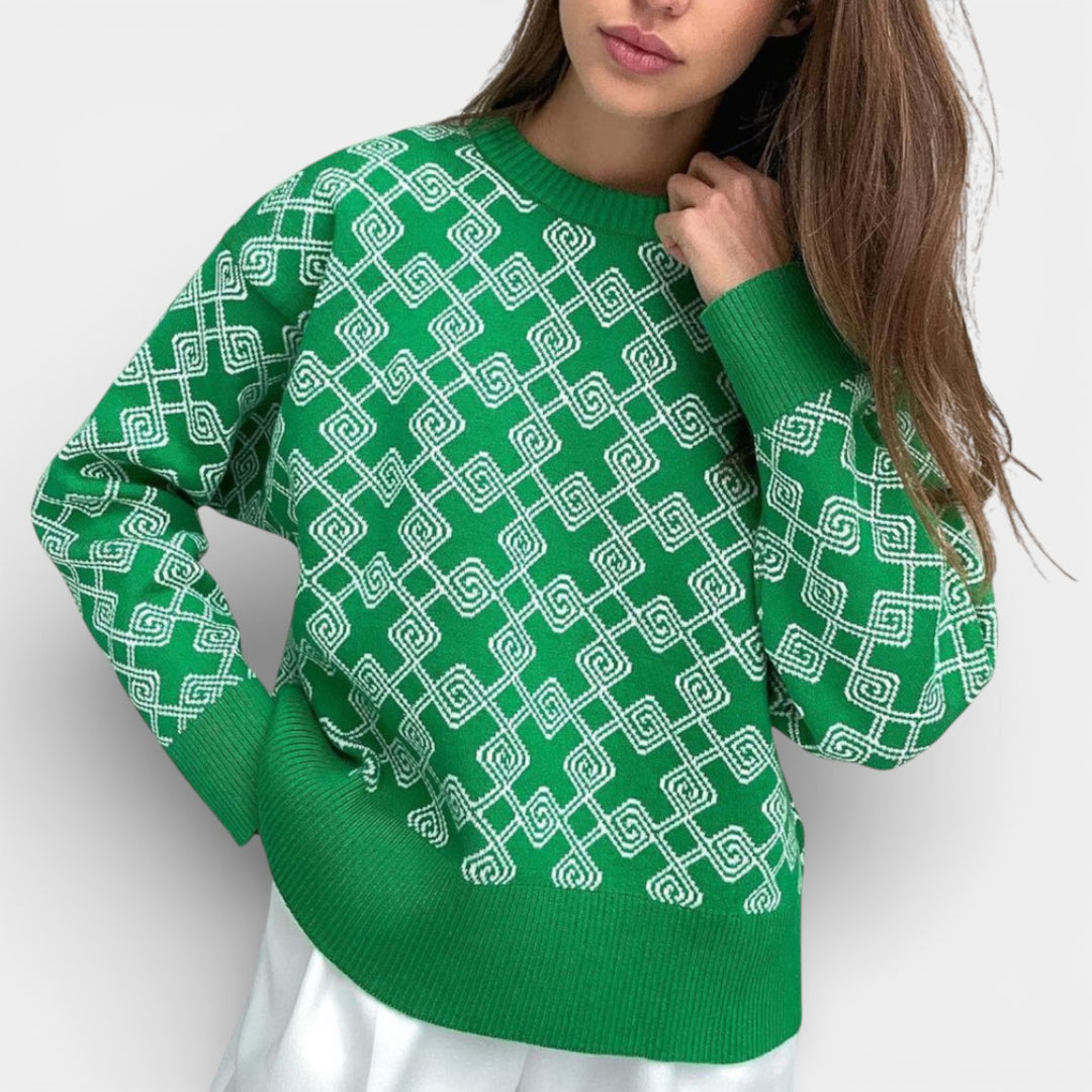 Milena – Dzianinowy sweter żakardowy z geometrycznym wzorema