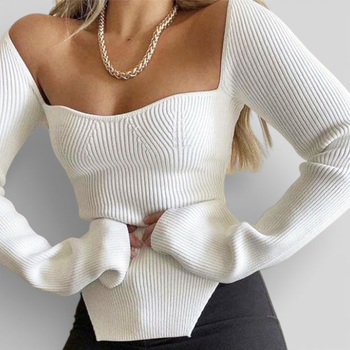 Kalina – Dopasowany sweter z dzianiny z kwadratowym dekoltem