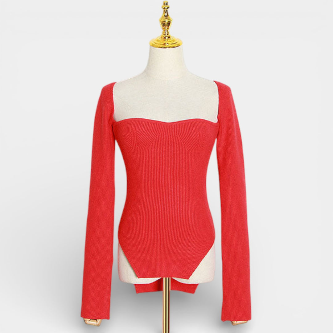 Kalina – Dopasowany sweter z dzianiny z kwadratowym dekoltem