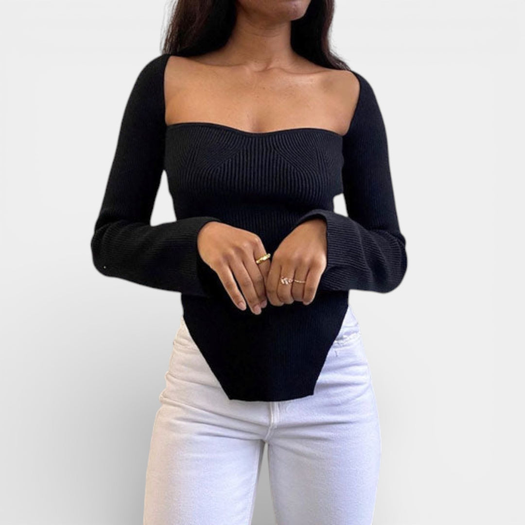 Kalina – Dopasowany sweter z dzianiny z kwadratowym dekoltem