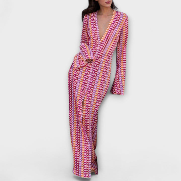 Elina – Maxi sukienka z dekoltem w kształcie V i wakacyjnym klimatem