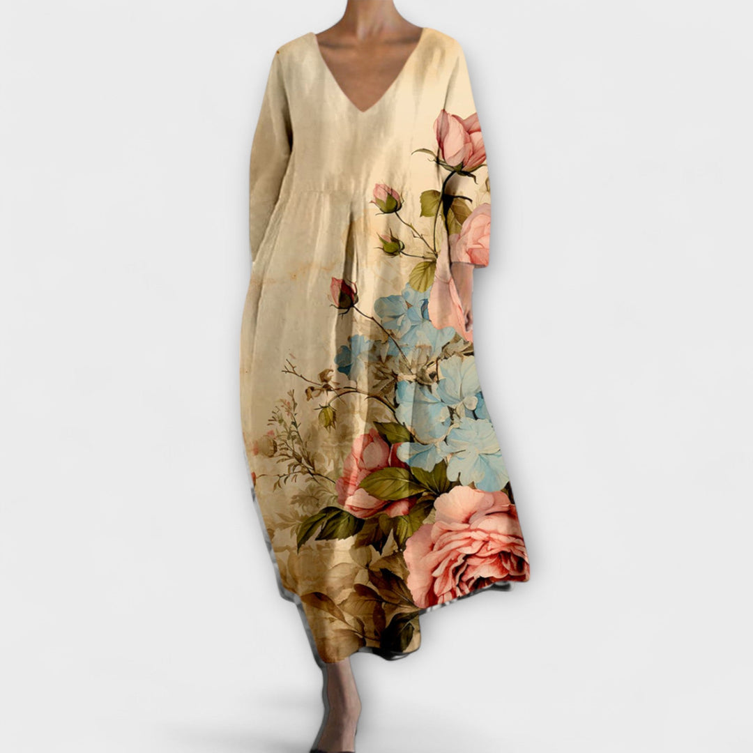 Fiona - Długie, Kolorowe Sukienki z Dekoltem w Kształcie V