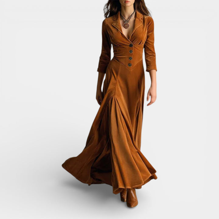 Celina – Welurowa sukienka maxi z kołnierzem i guzikami