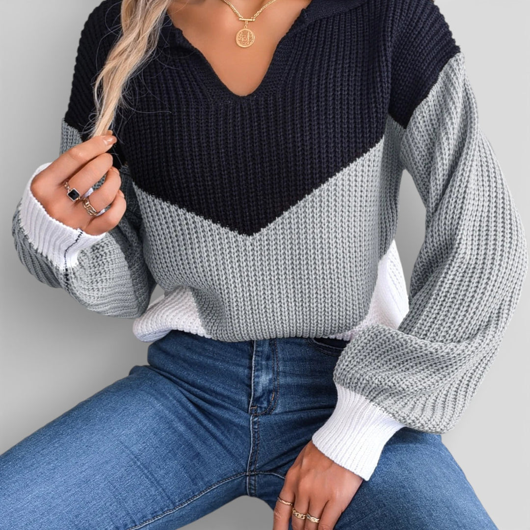 Jolanta – Patchworkowy sweter z dekoltem w serek