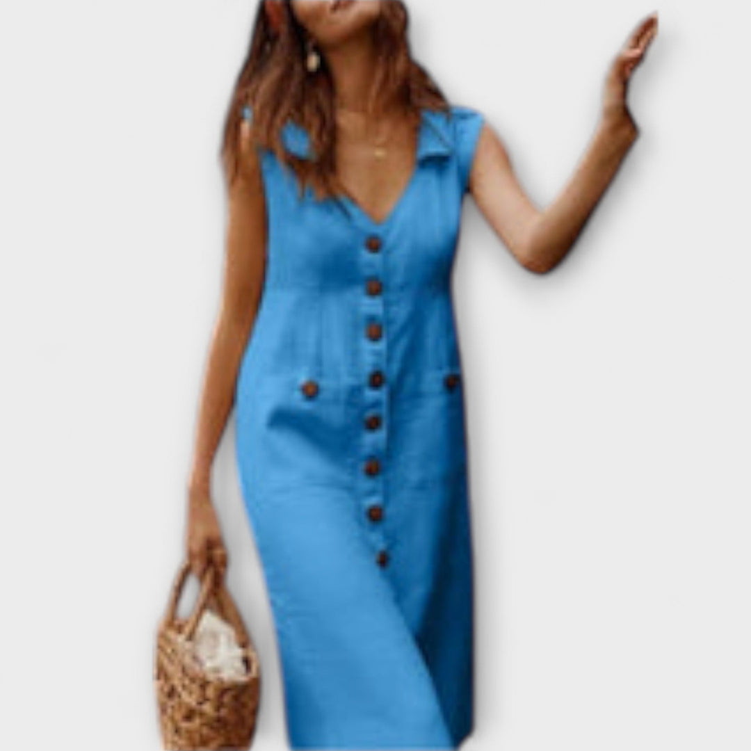 Nora – Sukienka A-linia z Bawełny i Lnu z Dekoltem w Kształcie V