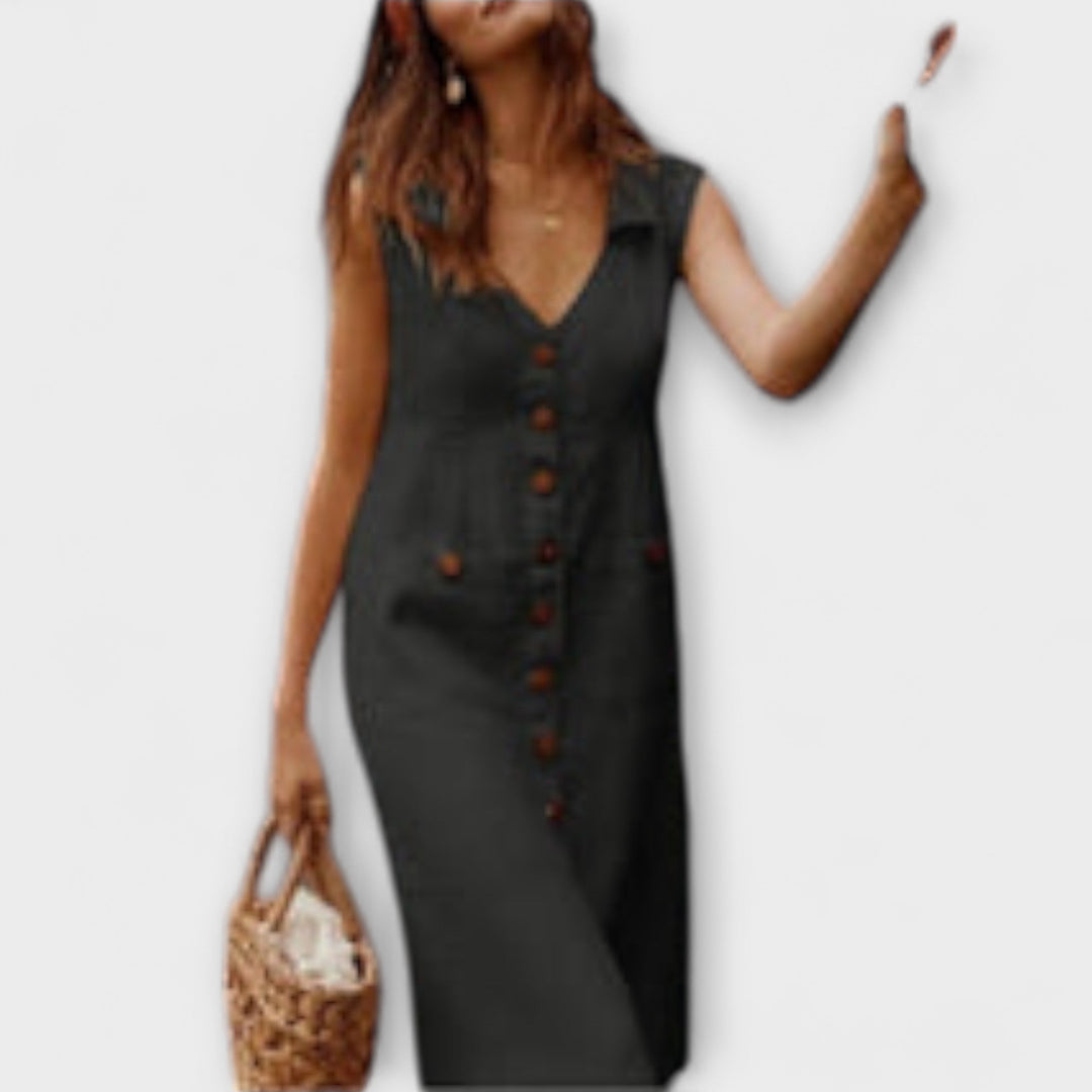 Nora – Sukienka A-linia z Bawełny i Lnu z Dekoltem w Kształcie V