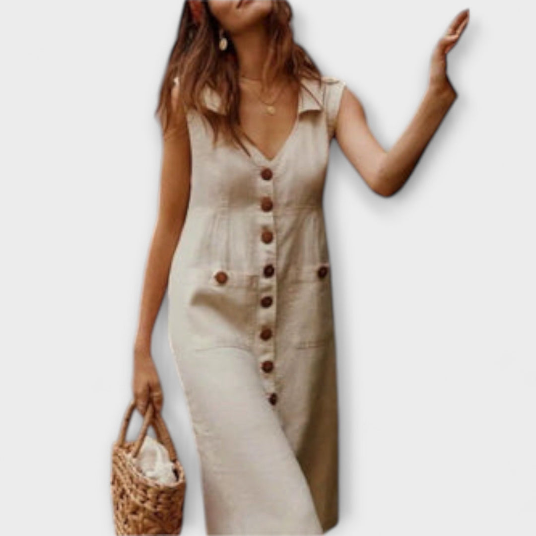 Nora – Sukienka A-linia z Bawełny i Lnu z Dekoltem w Kształcie V