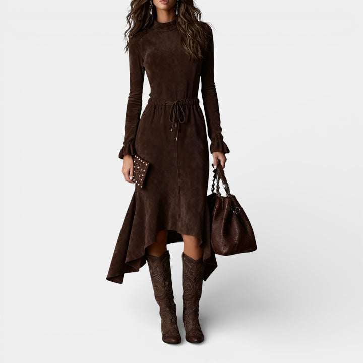 Monika – Sukienka midi z wiązaniem w talii i asymetrycznym dołem