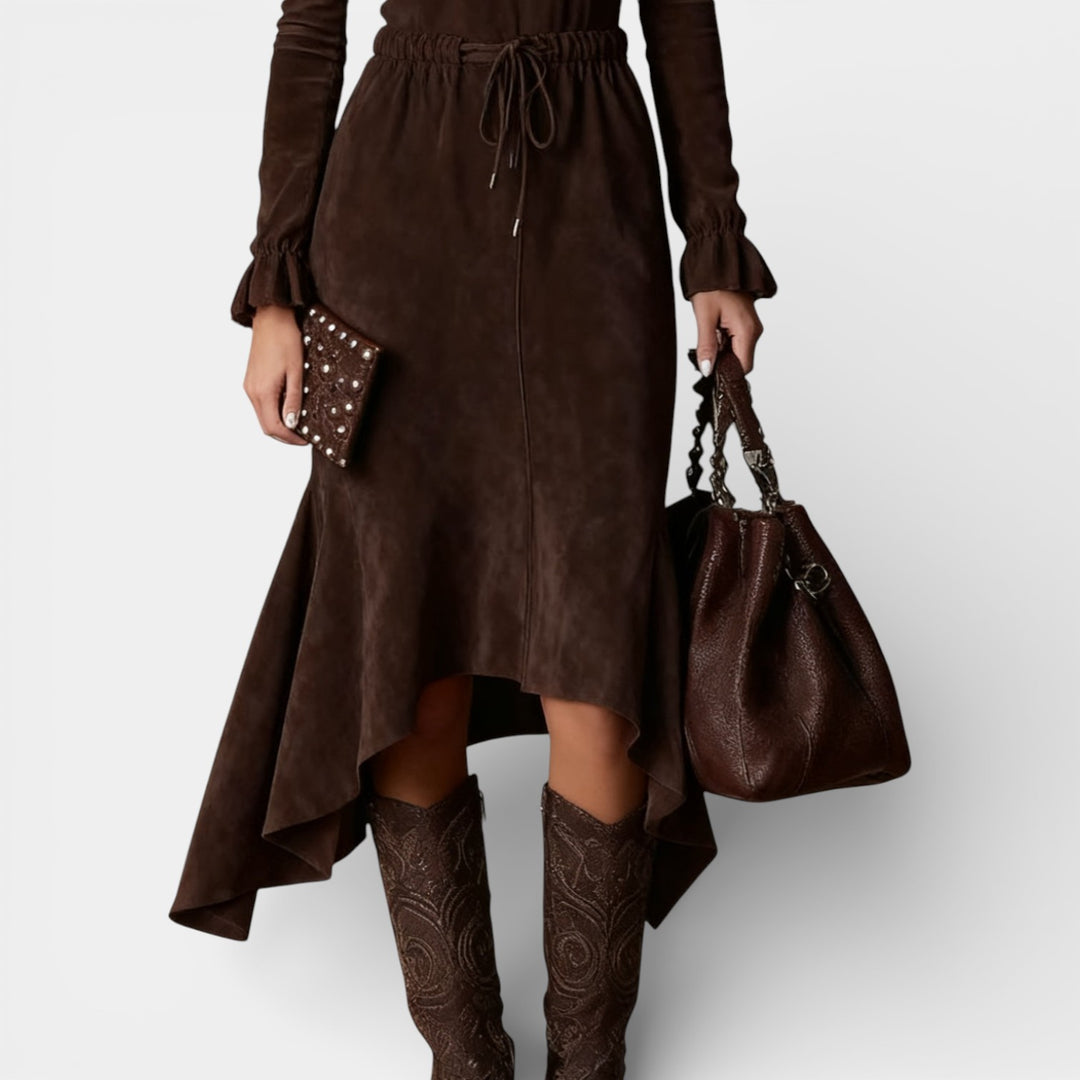 Monika – Sukienka midi z wiązaniem w talii i asymetrycznym dołem