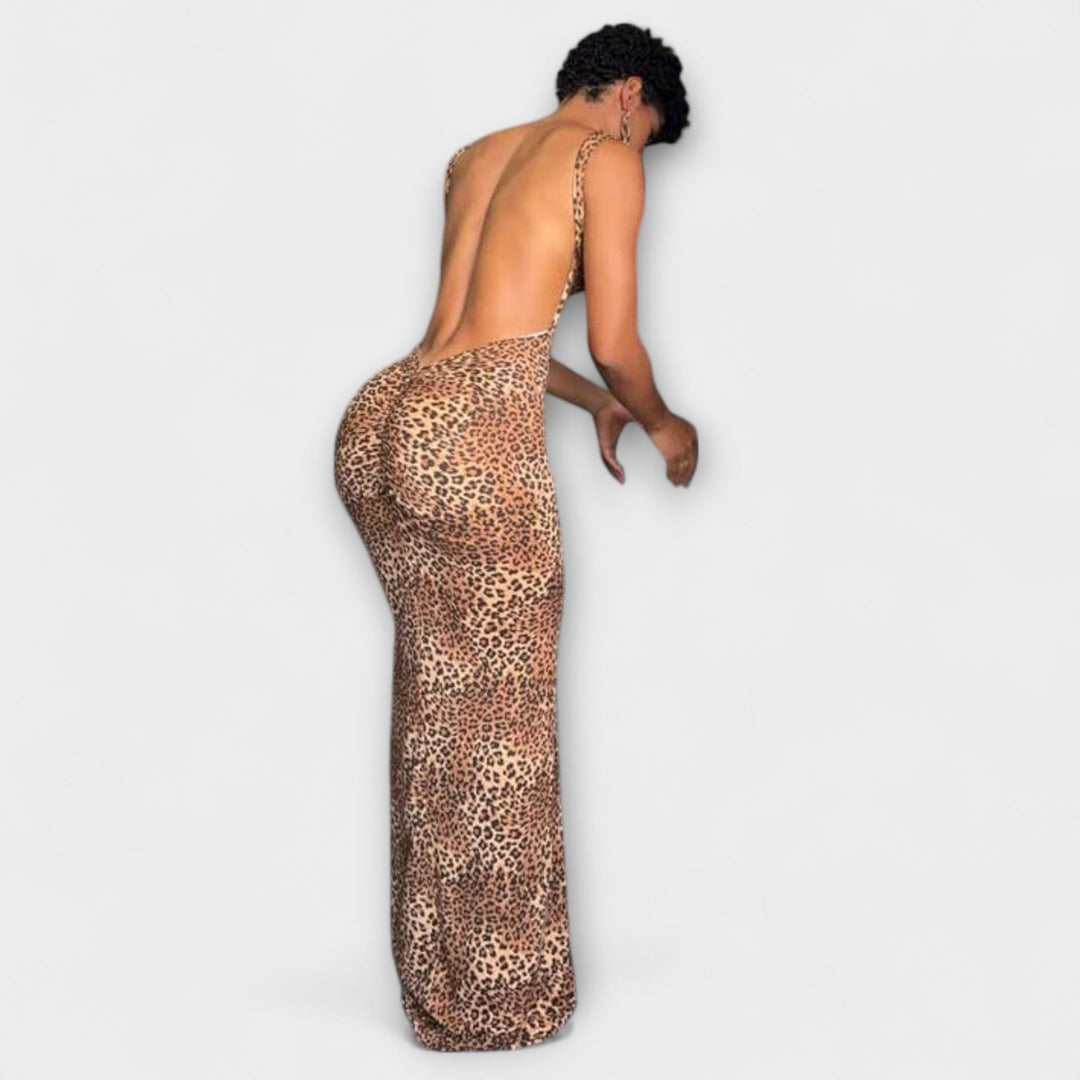 Della - Maxi sukienka w panterkę z odsłoniętymi plecami