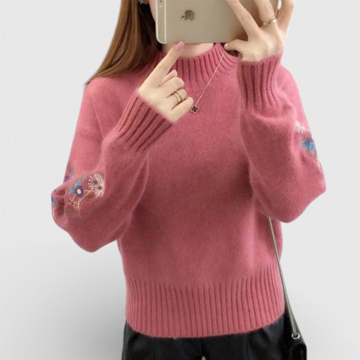 Florence – Sweter damski z kwiatowym haftem i stójką