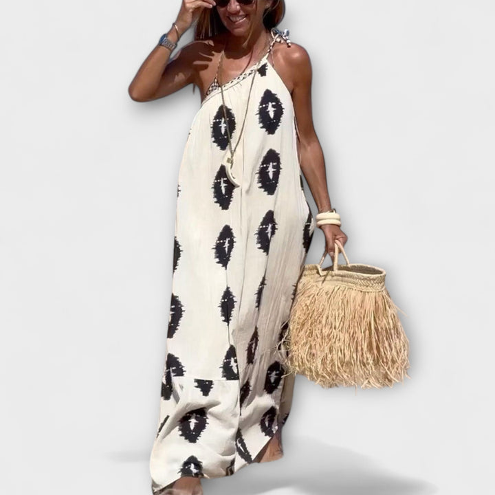 Isla - Maxi sukienka na jedno ramię z promieniami słońca