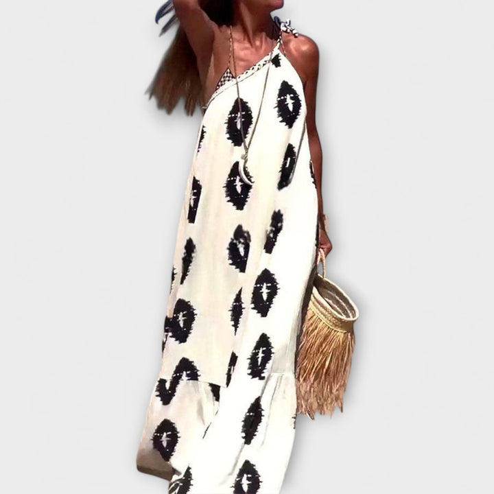 Isla - Maxi sukienka na jedno ramię z promieniami słońca