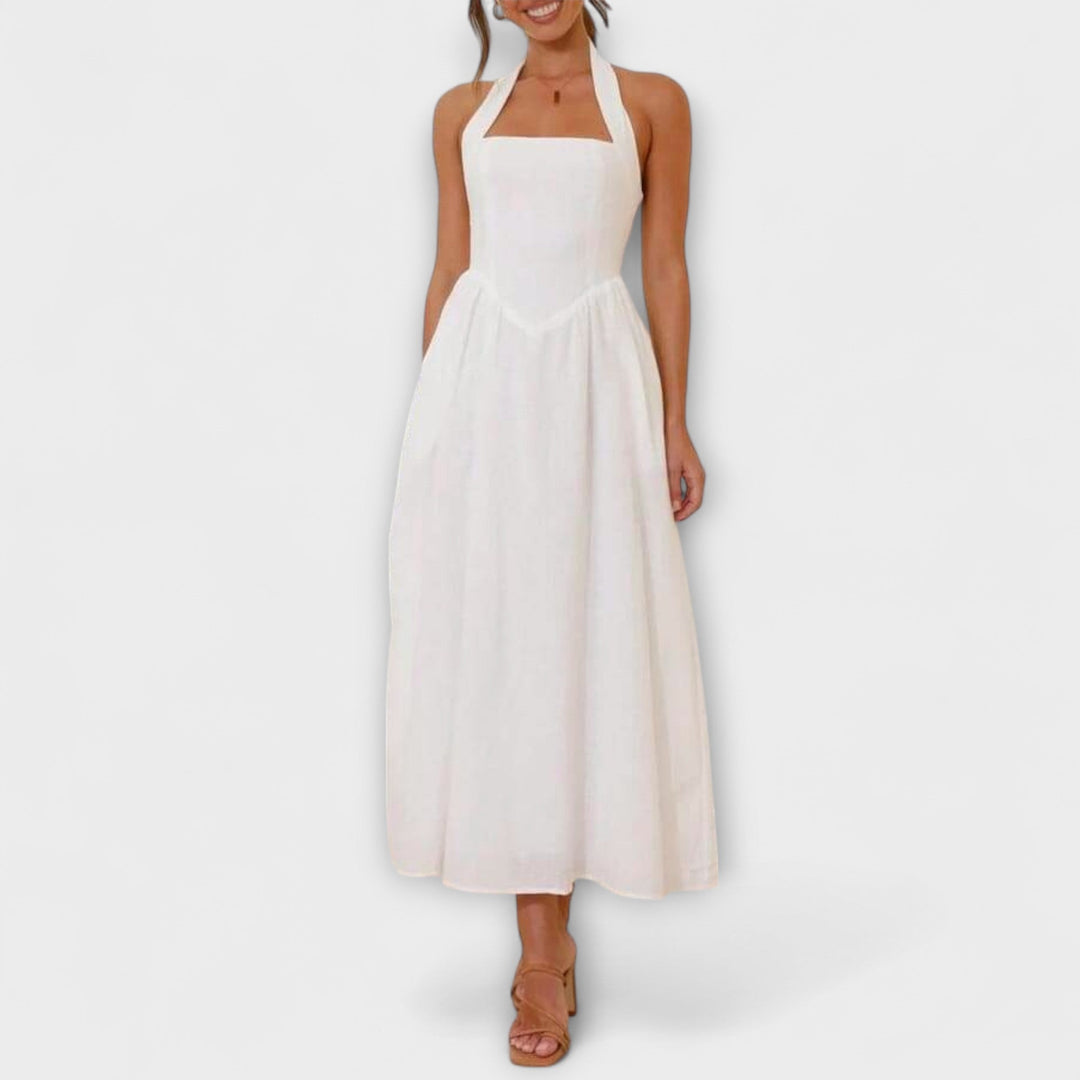 Lydia - Czarne sukienki halter o średniej długości z detalem w pasie