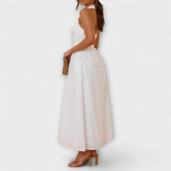 Lydia - Czarne sukienki halter o średniej długości z detalem w pasie