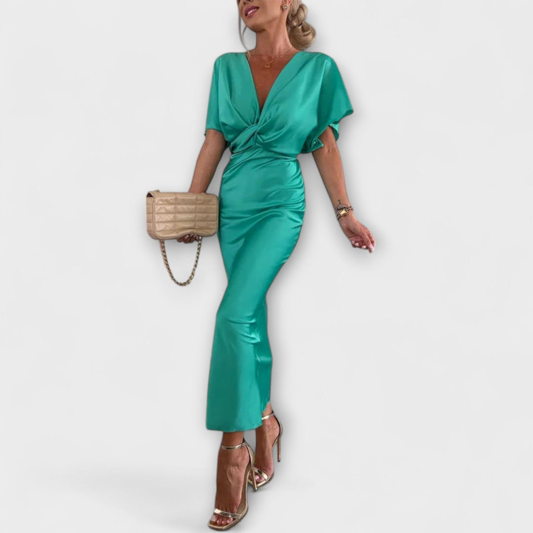 Sukienka maxi z dekoltem V i krzyżowym węzłem z mocnego satenu