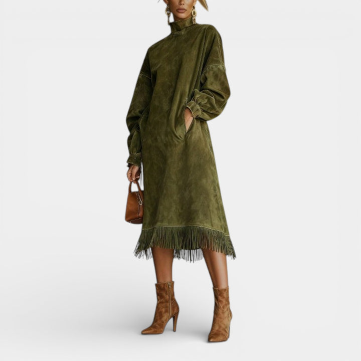 Gabriela – Sukienka midi z golfem i frędzlami