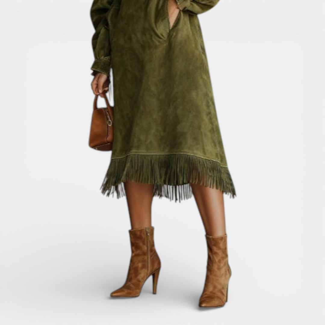 Gabriela – Sukienka midi z golfem i frędzlami