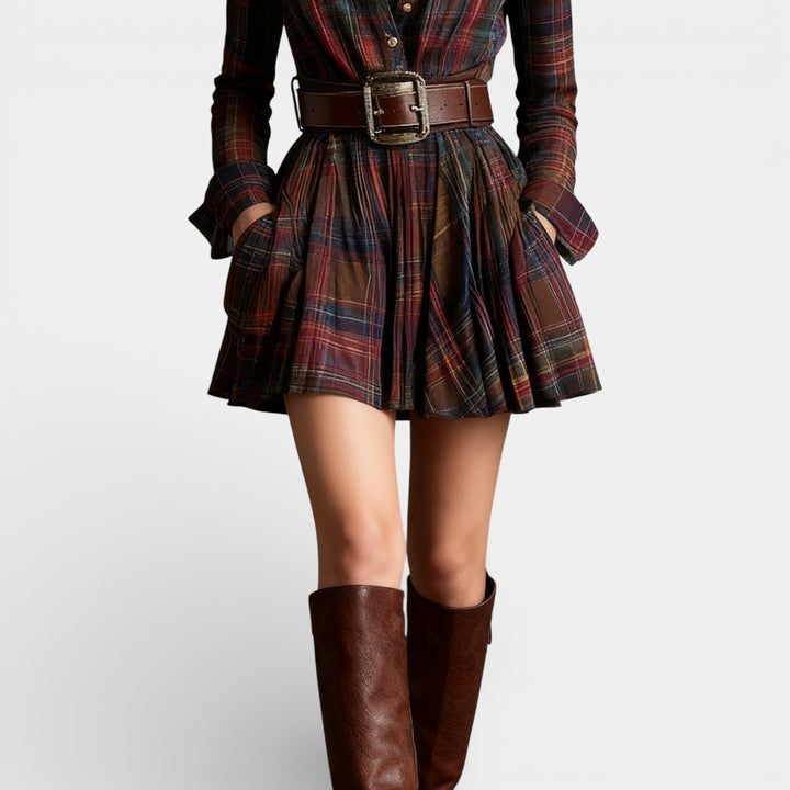 Sabina – Koszulowa sukienka mini w kratę z paskiem